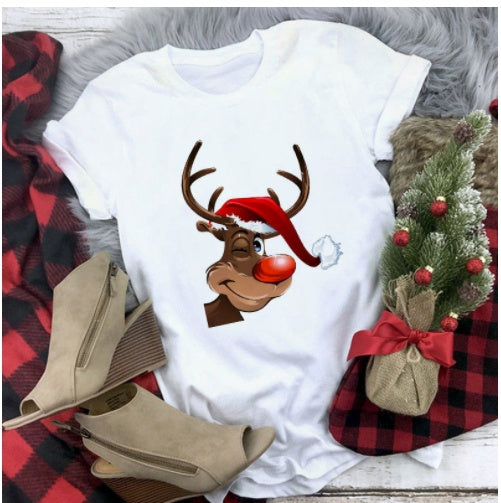 Christmas Deer Series Printed Casual T-shirt Women