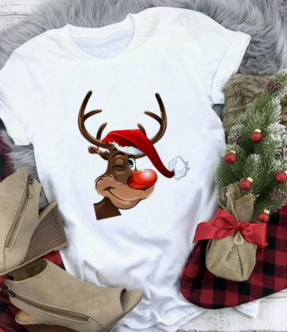 Christmas Deer Series Printed Casual T-shirt Women