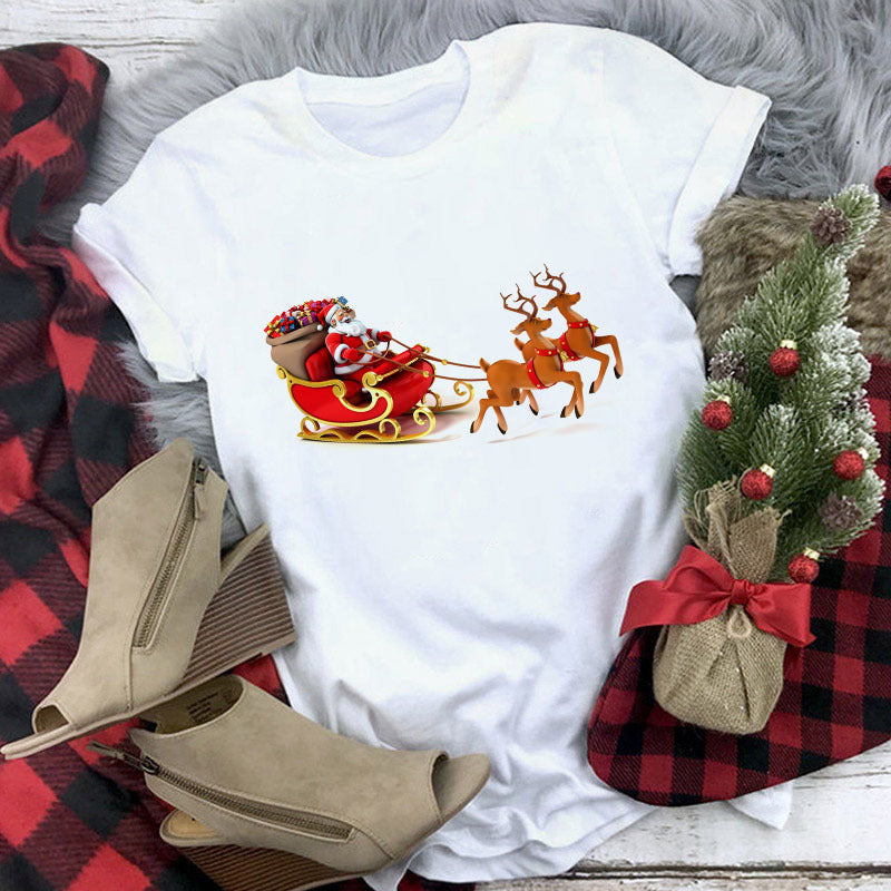 Christmas Cute Reindeer Print Short Sleeve T-shirt For Women