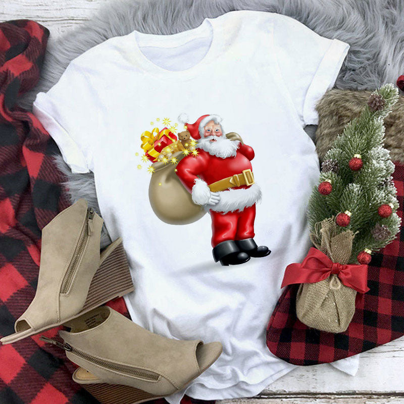 Christmas Cute Reindeer Print Short Sleeve T-shirt For Women