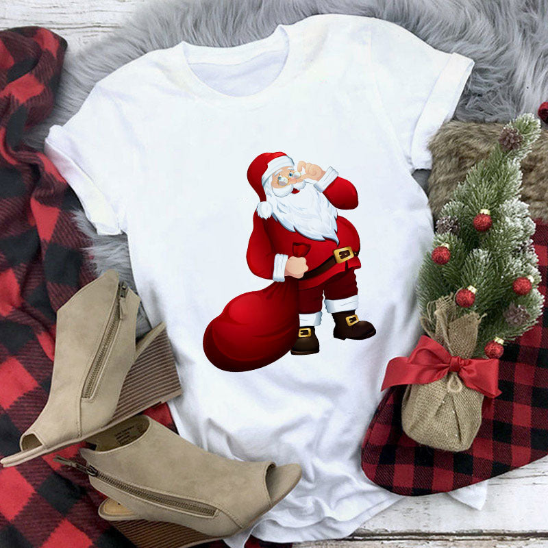 Christmas Cute Reindeer Print Short Sleeve T-shirt For Women