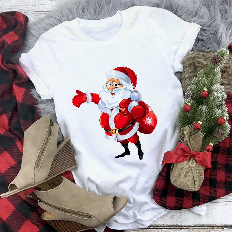 Christmas Cute Reindeer Print Short Sleeve T-shirt For Women