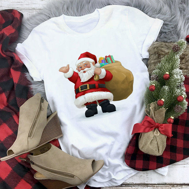 Christmas Cute Reindeer Print Short Sleeve T-shirt For Women