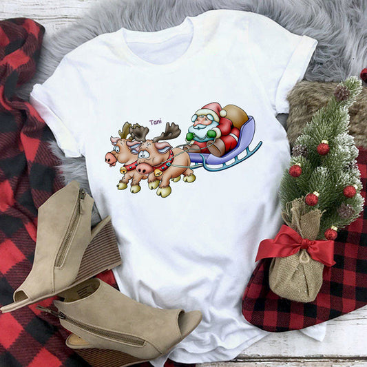 Christmas Cute Reindeer Print Short Sleeve T-shirt For Women